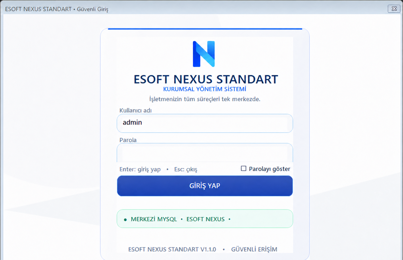 ESOFT NEXUS STANDART güncel güvenli giriş ekranı