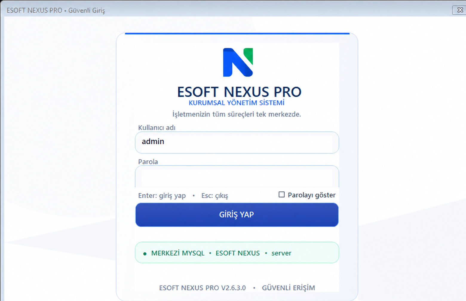 EKSENSOFT NEXUS PRO güncel güvenli giriş ekranı